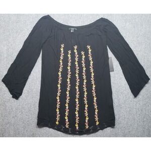 Forever 21 Dress Womens Large Black Tan Embroidered Floral Boho 3/4 Sleeve Rayon